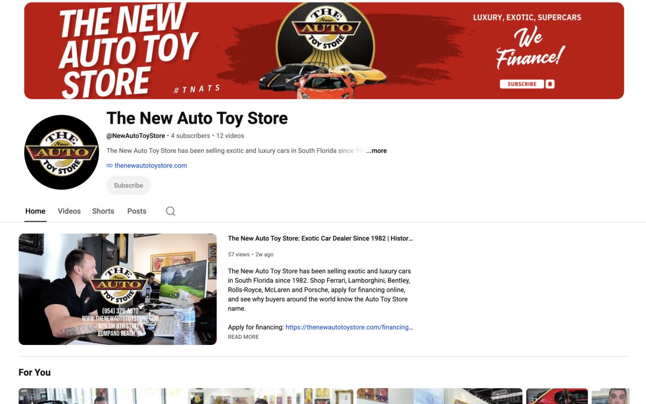 The New Auto Toy Store YouTube channel, with a branded banner, channel profile and featured video